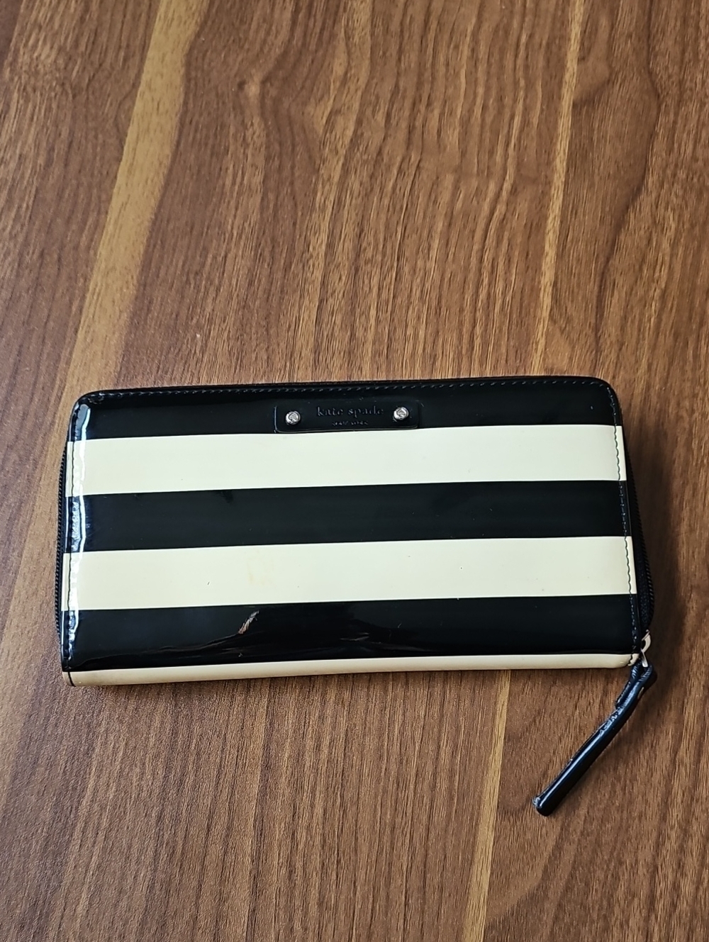 kate spade Black and Cream Striped Patent Zip Wallet